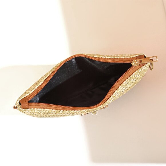 2/$30 Woven Beige and Brown Cross-Body Bag Leather Trim Purse Bow Pearl Charm - Picture 7 of 8